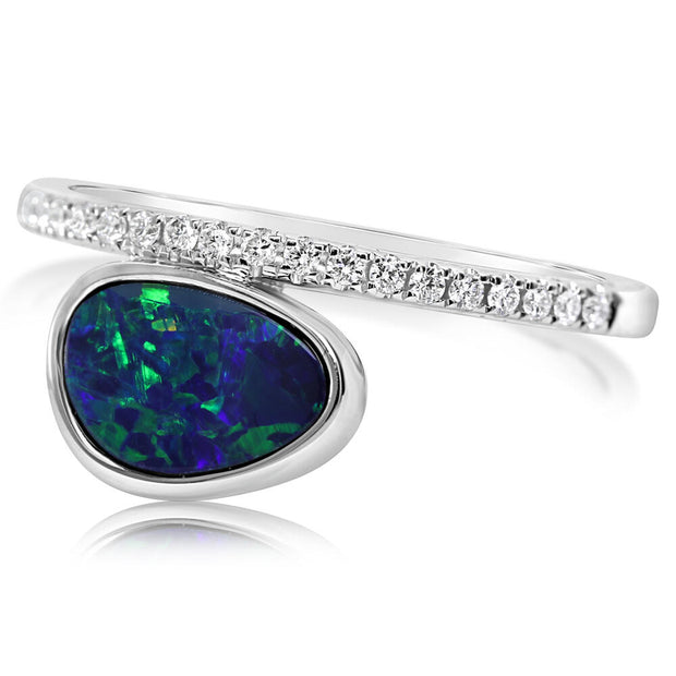 14K White Gold Australian Opal Doublet/Diamond Ring