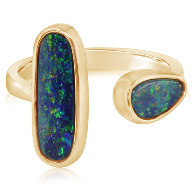 14K Yellow Gold Australian Opal Doublet 2-Stone Ring