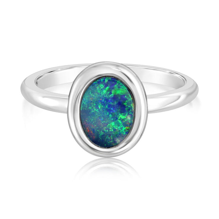 14K White Gold 8x6 Oval Australian Opal Doublet Ring