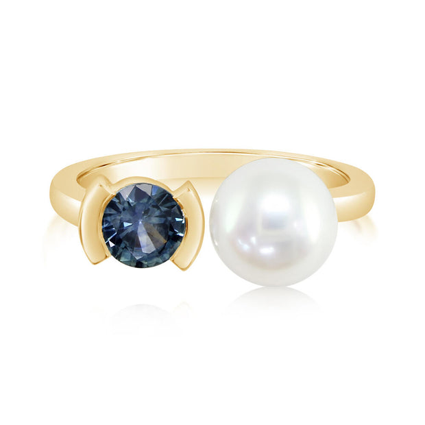 14K Yellow Gold White Freshwater Cultured Pearl/Montana Sapphire Ring