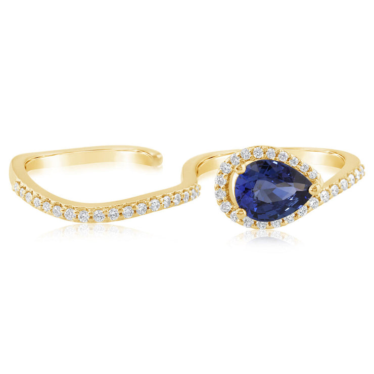 18K Yellow Gold Ceylon Sapphire/Diamond Two Finger Ring