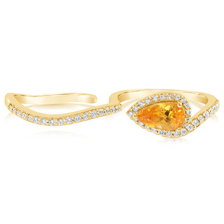 14K Yellow Gold Mandarin Garnet/Diamond Two Finger Ring