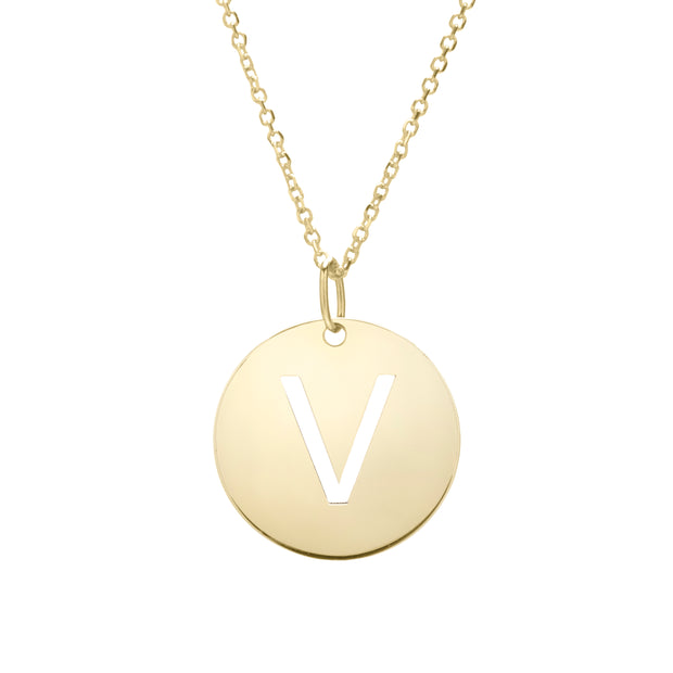 14K Gold Disc Initial V Necklace