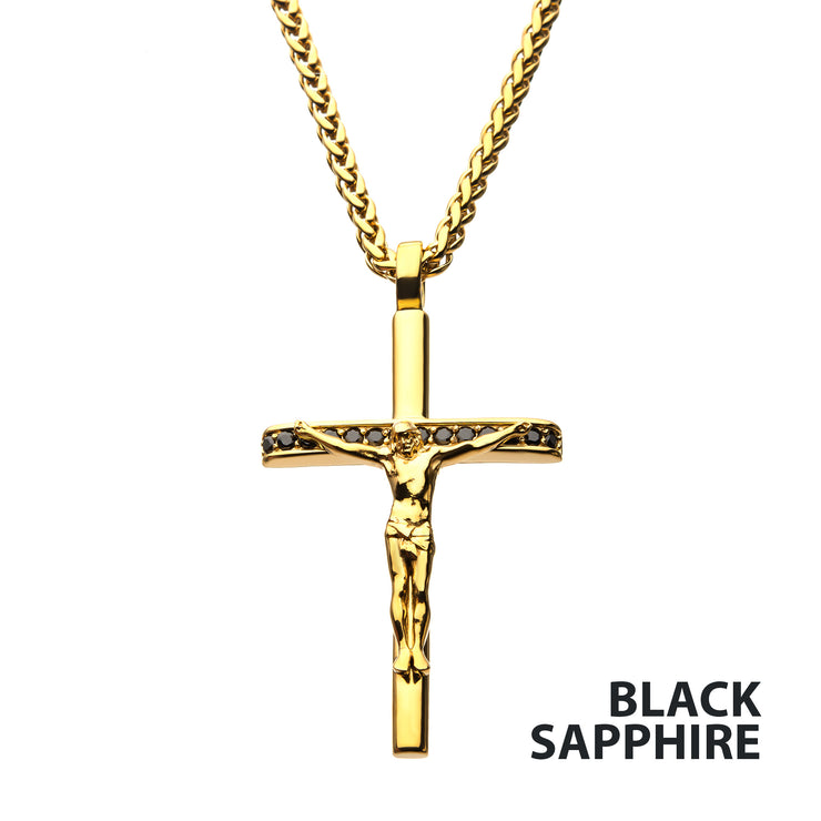 18Kt Gold IP Steel CNC Set Genuine Black Sapphire Gem Jesus Christ Crucifix Cross Pendant