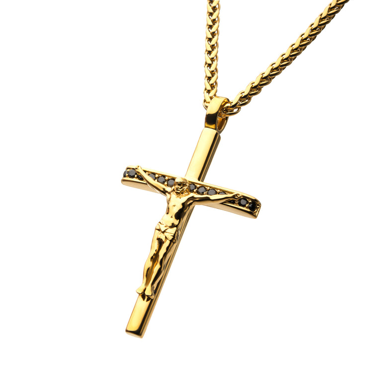 18Kt Gold IP Steel CNC Set Genuine Black Sapphire Gem Jesus Christ Crucifix Cross Pendant