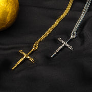 18Kt Gold IP Steel CNC Set Genuine Black Sapphire Gem Jesus Christ Crucifix Cross Pendant