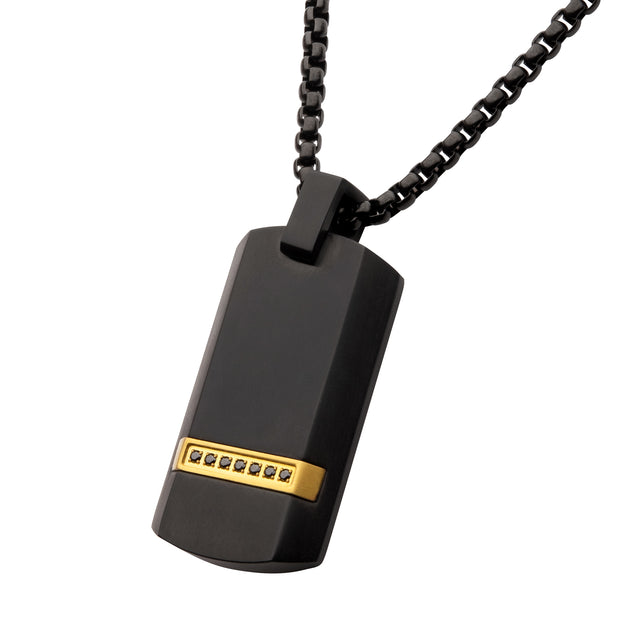 Black IP Steel Genuine Black Sapphire Gem Dog Tag Pendant with Box Chain