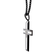 Black IP Steel Genuine Black Sapphire Gem Cross Pendant with Box Chain