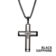 Black IP Steel Genuine Black Sapphire Gem Cross Pendant with Box Chain