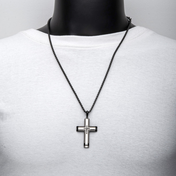 Black IP Steel Genuine Black Sapphire Gem Cross Pendant with Box Chain