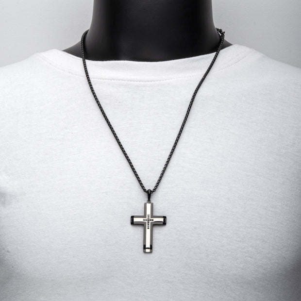 Black IP Steel Genuine Black Sapphire Gem Cross Pendant with Box Chain