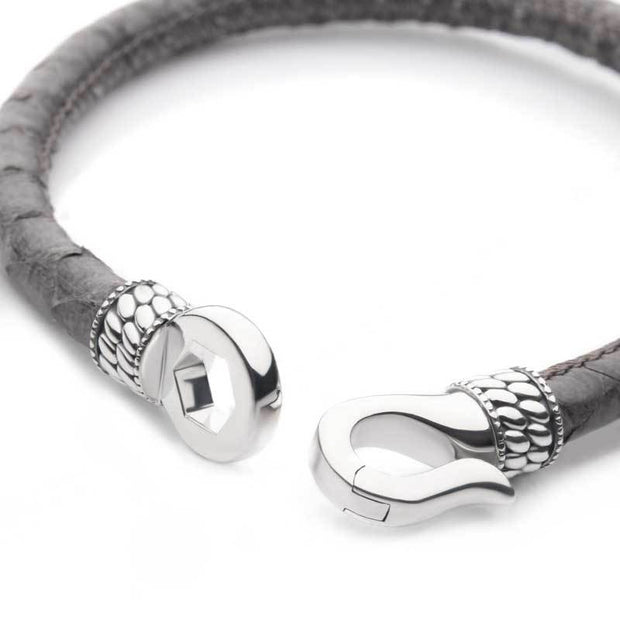 Gray Soft Python Snake Leather Bracelet with Hinged Polished Finish 925 Sterling Silver Clasp