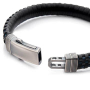 Black & Blue Braided Leather Bracelet with Dual Release 925 Sterling Silver Clasp