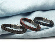 Black & Blue Braided Leather Bracelet with Dual Release 925 Sterling Silver Clasp