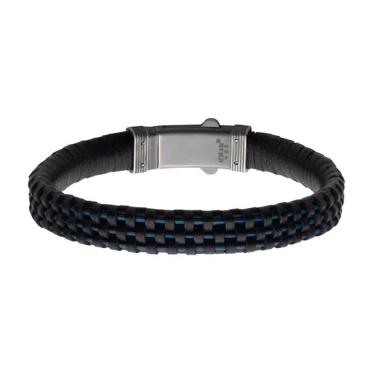 Black & Blue Braided Leather Bracelet with Dual Release 925 Sterling Silver Clasp