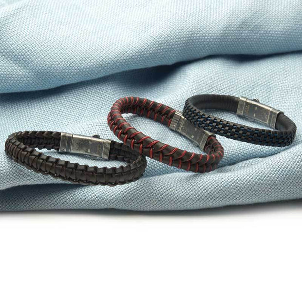 Brown & Red Braided Leather Bracelet with Dual Release 925 Sterling Silver Clasp