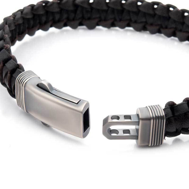 Black & Brown Braided Leather Bracelet with Dual Release 925 Sterling Silver Clasp