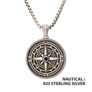 925 Sterling Silver Magellan Compass Pendant with Faceted Black Spinel