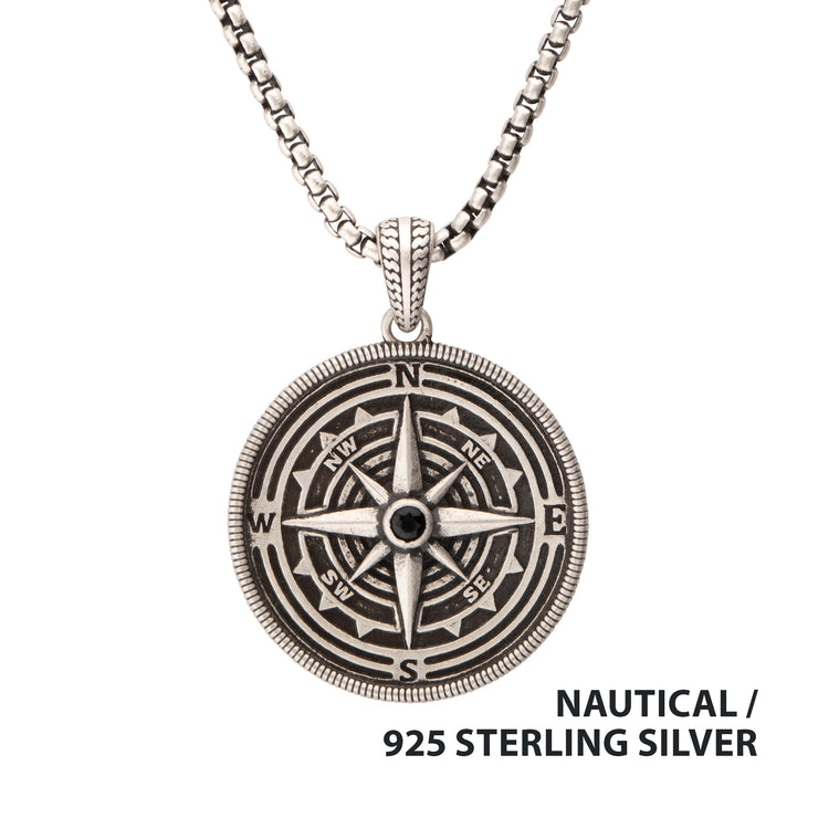 925 Sterling Silver Magellan Compass Pendant with Faceted Black Spinel