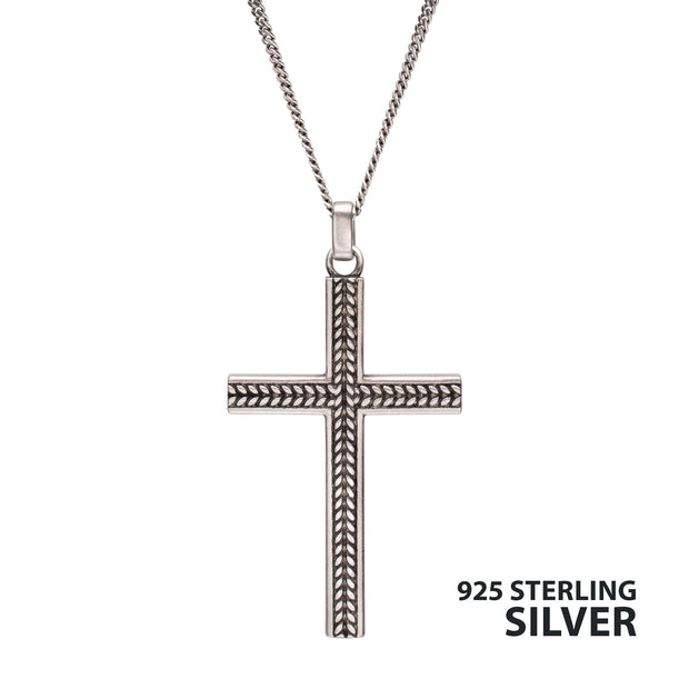 925 Sterling Silver Chevron Cross Pendant with Antiqued Finish Box Chain