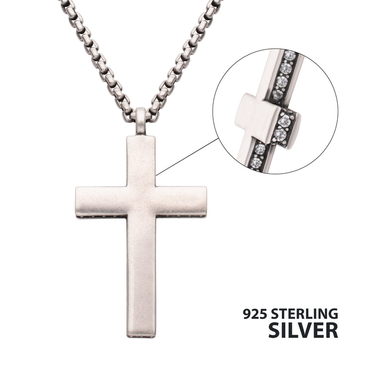 925 Sterling Silver Side Gem Cross Pendant with Antiqued Finish Box Chain