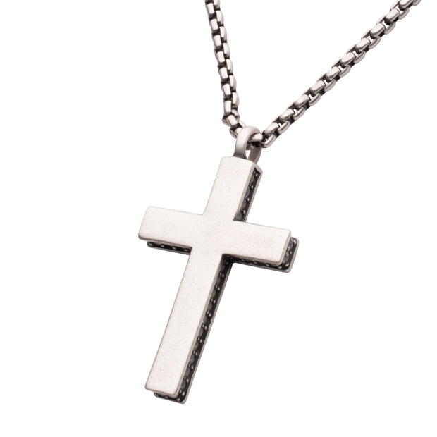 925 Sterling Silver Side Gem Cross Pendant with Antiqued Finish Box Chain