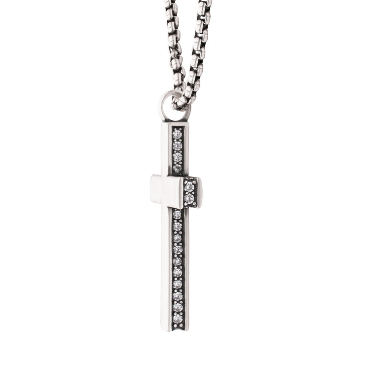 925 Sterling Silver Side Gem Cross Pendant with Antiqued Finish Box Chain