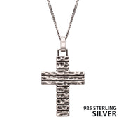 925 Sterling Silver Hammered Cross Pendant with Antiqued Finish Box Chain