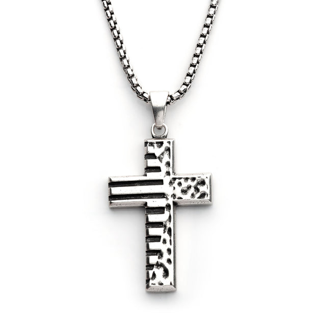 925 Silver Oxidized Coin Stamped Cross Pendant with Box Chain