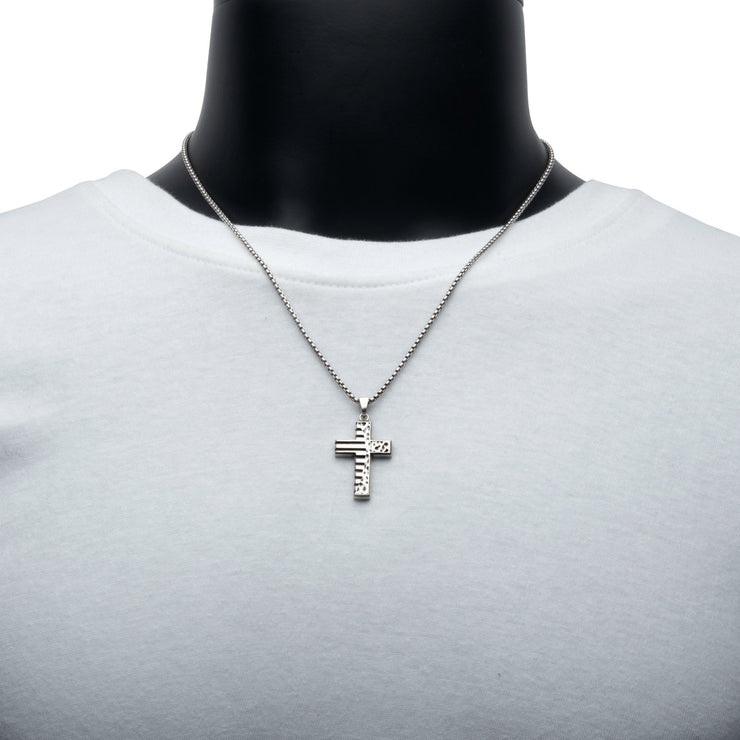 925 Silver Oxidized Coin Stamped Cross Pendant with Box Chain