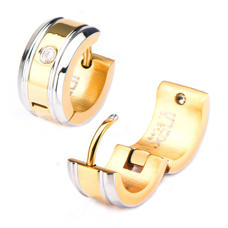 Stainless Steel Gold IP with 1 Clear CZ Gem Huggies Earrings