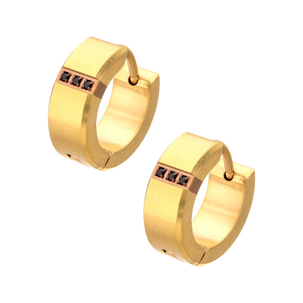 18Kt Gold IP Steel Matte Finish Huggie Earrings with Geniune Black Sapphire