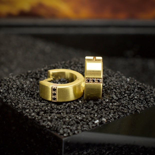 18Kt Gold IP Steel Matte Finish Huggie Earrings with Geniune Black Sapphire