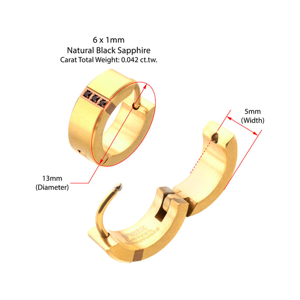 18Kt Gold IP Steel Matte Finish Huggie Earrings with Geniune Black Sapphire