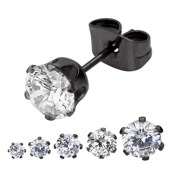 Black IP Steel with Clear CZ Stud Earrings (Unisex)