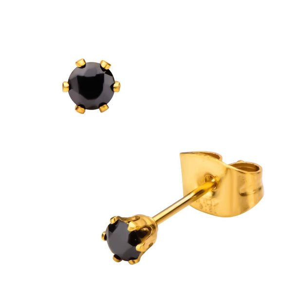 Gold IP Steel with Black CZ Stud Earrings (Unisex)