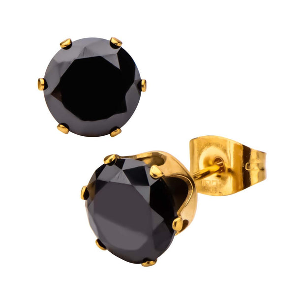 Gold IP Steel with Black CZ Stud Earrings (Unisex)