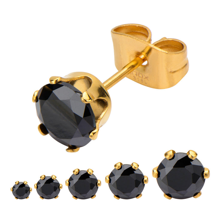 Gold IP Steel with Black CZ Stud Earrings (Unisex)