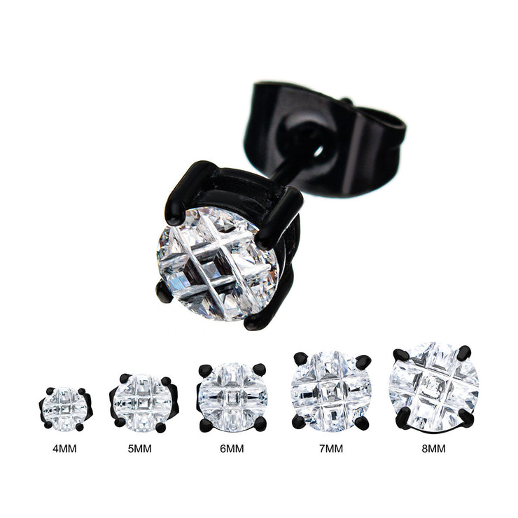 Stainless Steel & Black IP with Hashtag CZ Round Cut Stud Earrings