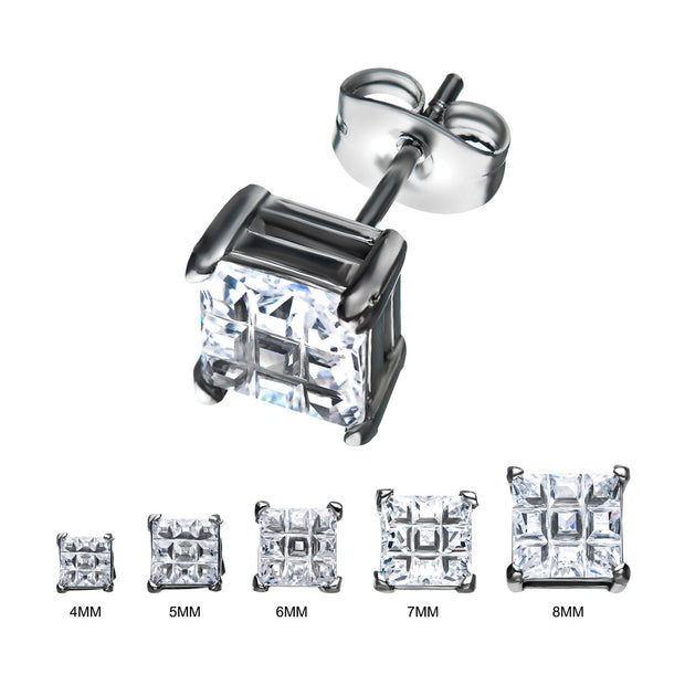 Stainless Steel with Hashtag CZ Square Cut Stud Earrings