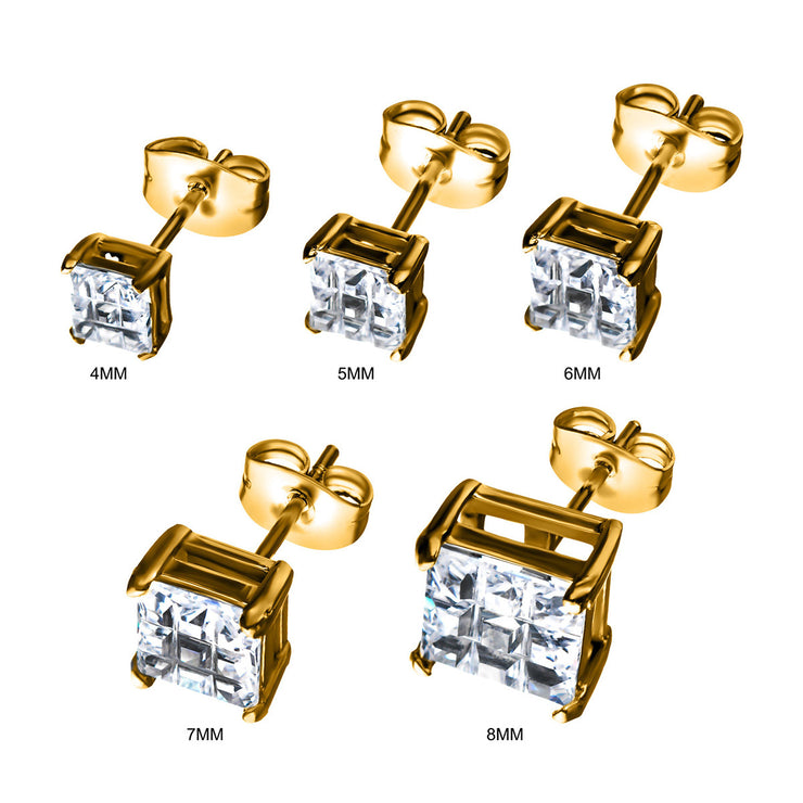 Stainless Steel & Gold IP with Hashtag CZ Square Cut Stud Earrings