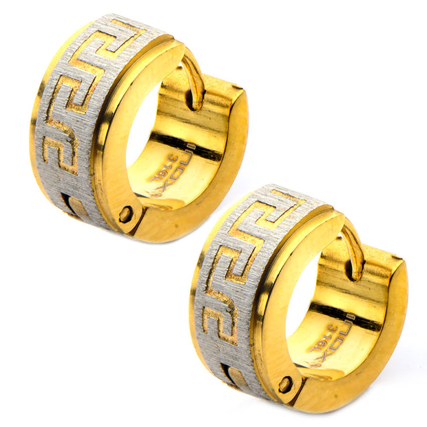 Gold IP Greek Key Huggies Earrings