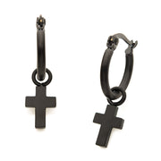 Matte Black IP Hoop with Cross Dangle Earrings