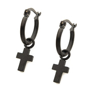 Matte Black IP Hoop with Cross Dangle Earrings