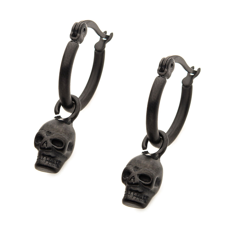 Matte Black IP Hoop with Skull Dangle Earrings