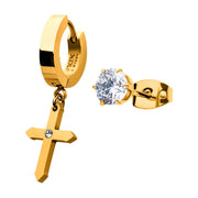 Gold IP Dangling Cross with CZ Huggie & Prong Set CZ Stud Mismatched Earrings