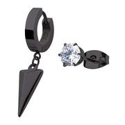 Black IP Dangling Spike Huggie & Prong Set CZ Stud Mismatched Earrings