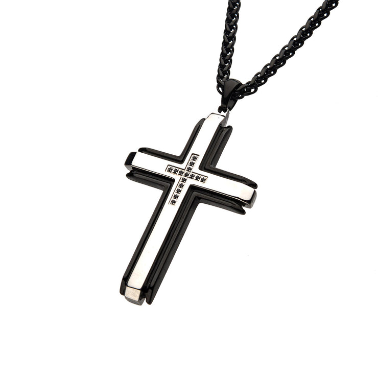 Stainless Steel Black IP with Black CZs at the Center Cross Pendant with Black Wheat Chain