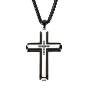 Stainless Steel Black IP with Black CZs at the Center Cross Pendant with Black Wheat Chain