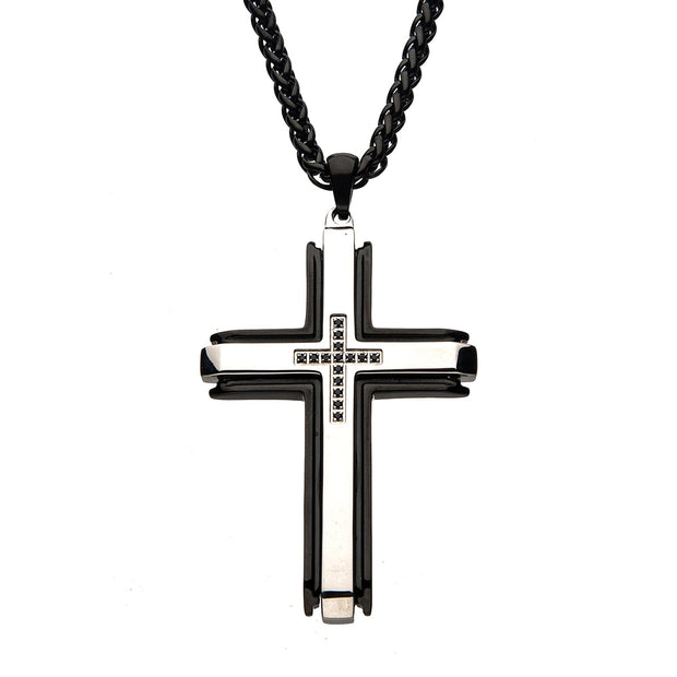 Stainless Steel Black IP with Black CZs at the Center Cross Pendant with Black Wheat Chain